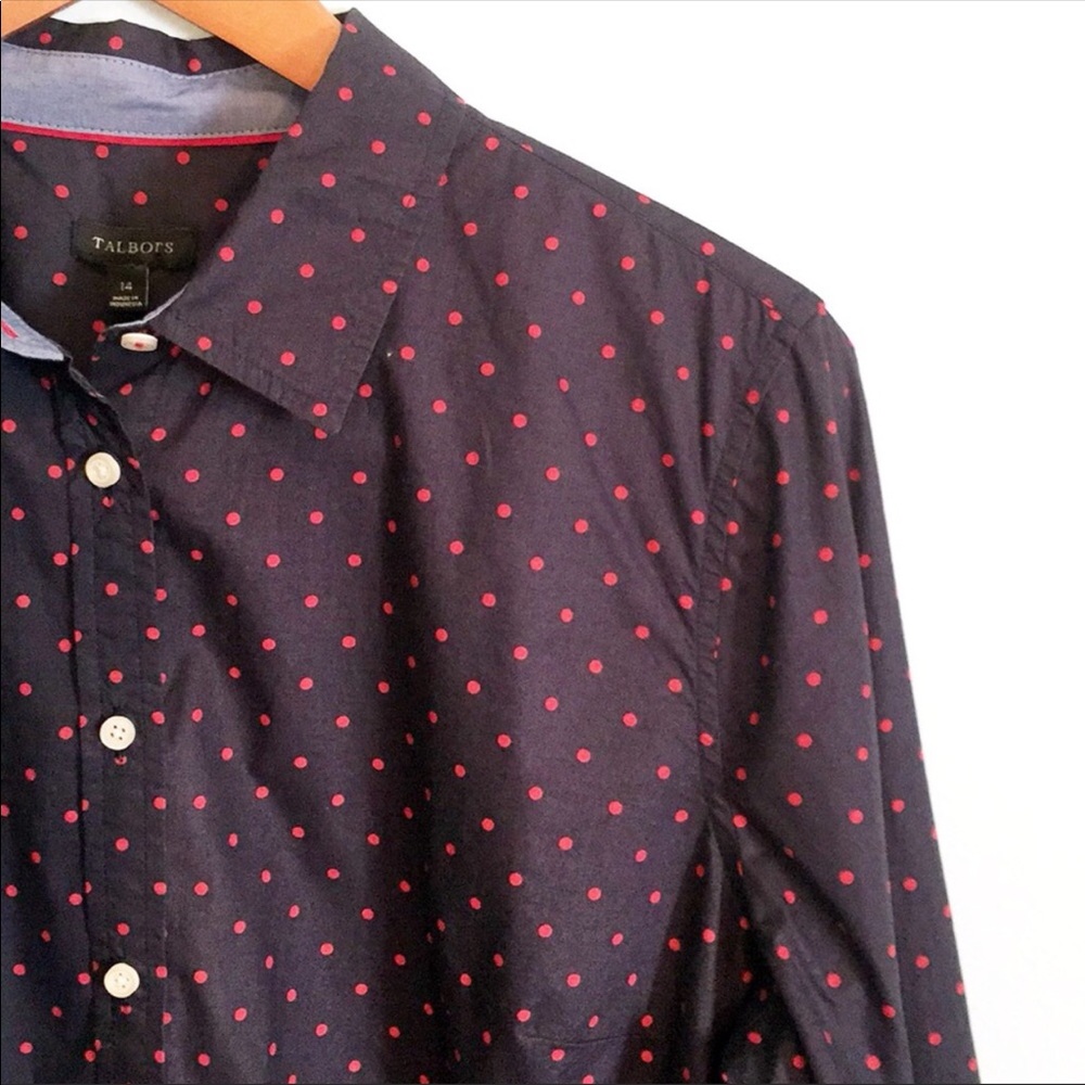 {Talbots} Navy/Red polka dot button down shirt
